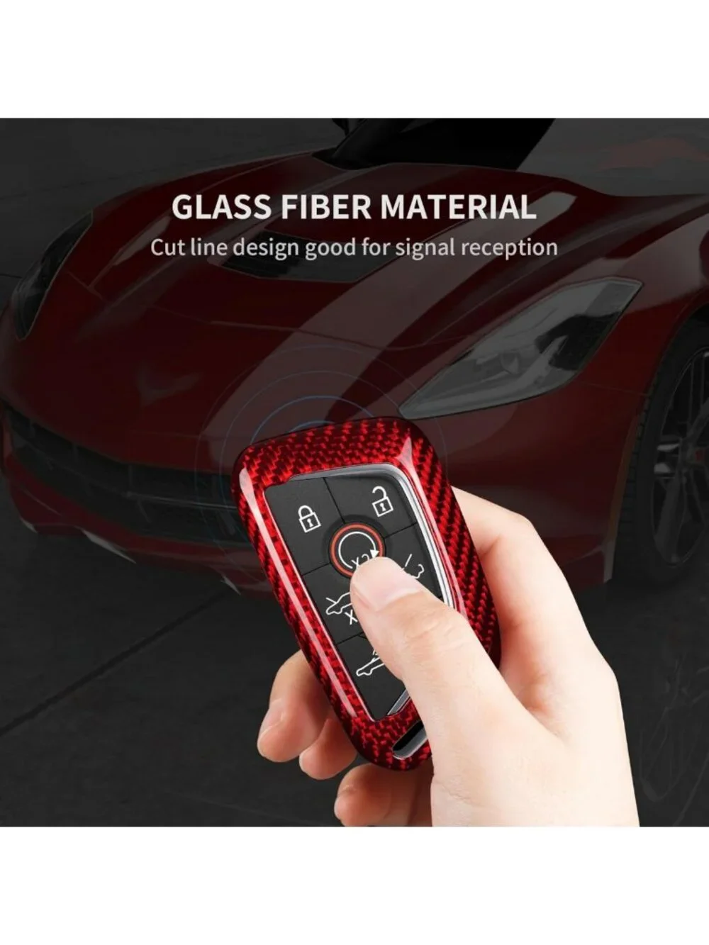 Real Glass Fiber Key Fob Cover & Key Chain for Corvette C8 2020-2026 - Red